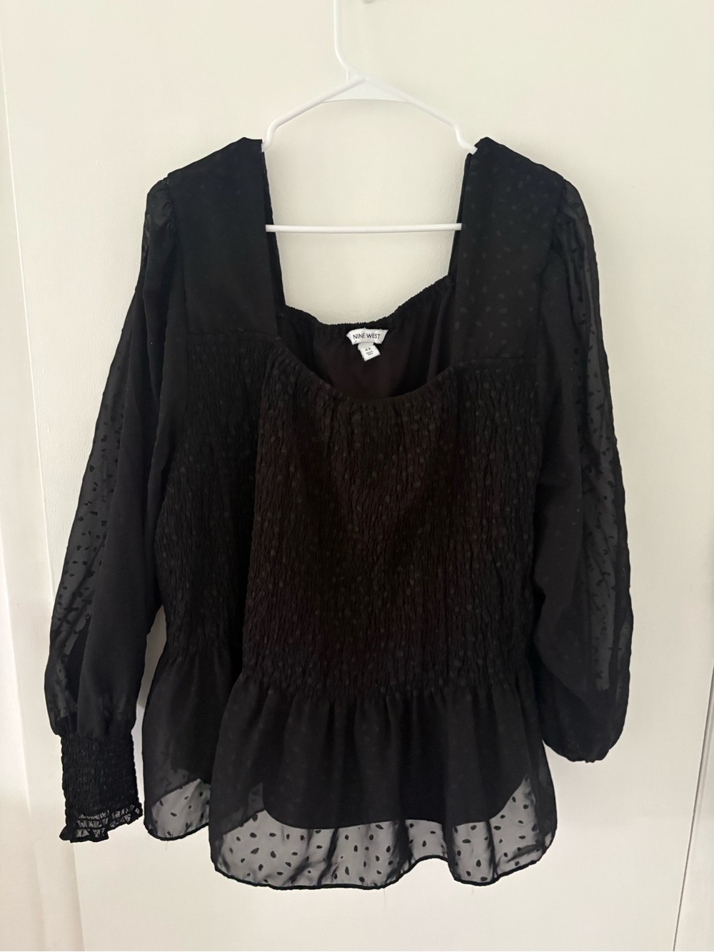 Nine West Black Sheer Dotted Smocked Peplum Blouse